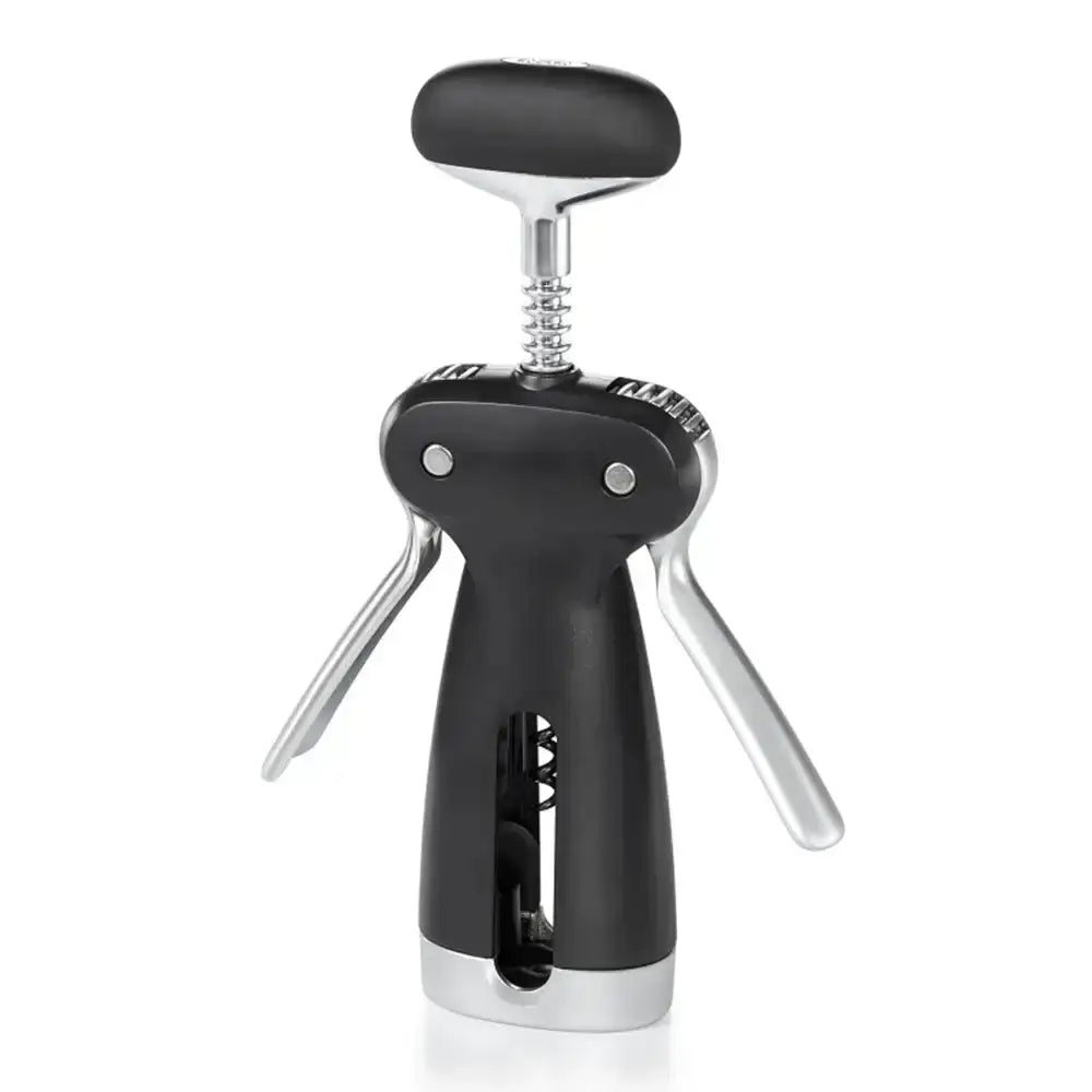 Black and silver corkscrew on a white background