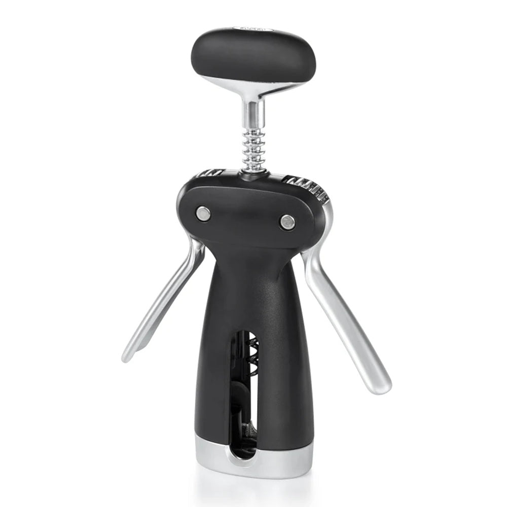 Black and silver corkscrew on a white background
