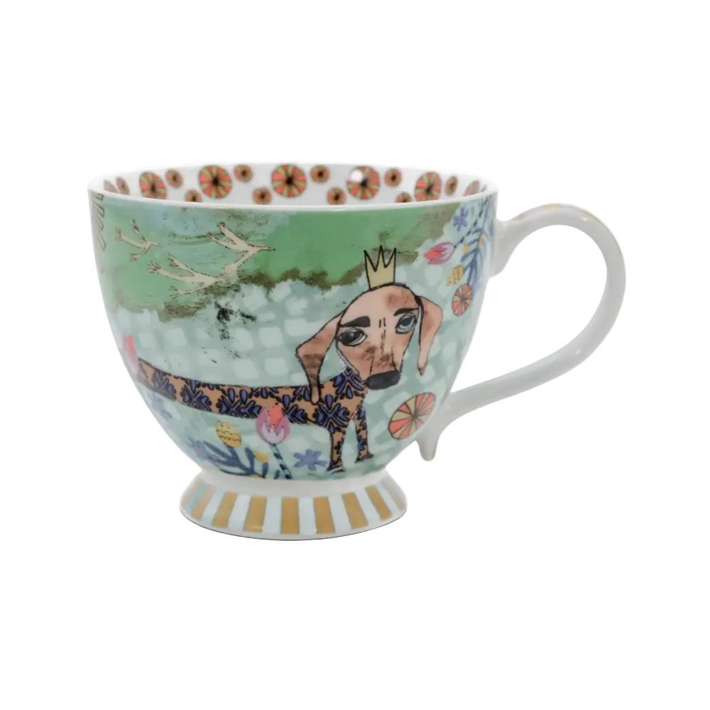Decorative mug with a dog illustration on a white background