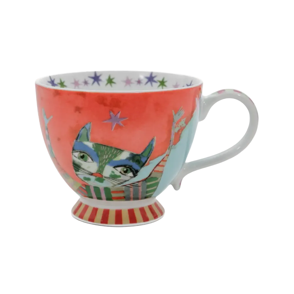 Colorful mug with a cat design on a white background