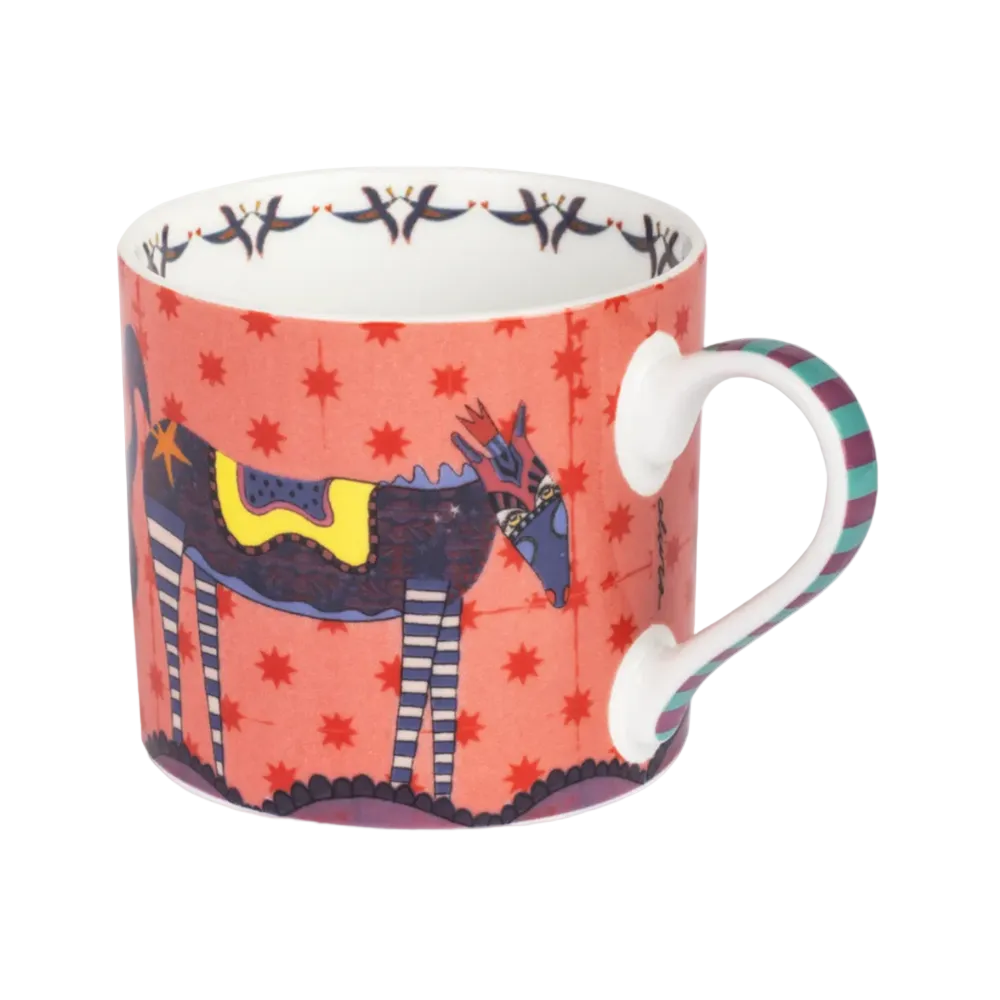 Colorful mug with a horse design on a red background
