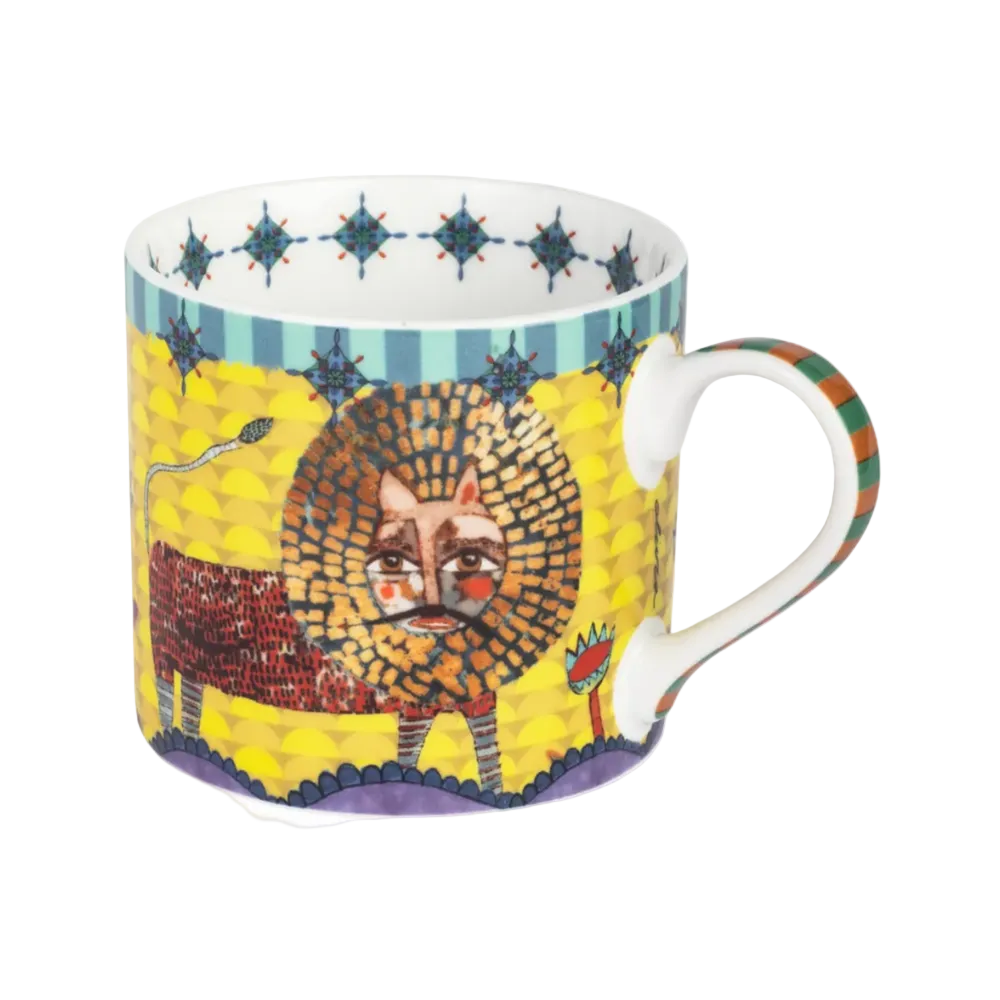 Colorful mug with a lion design on a white background
