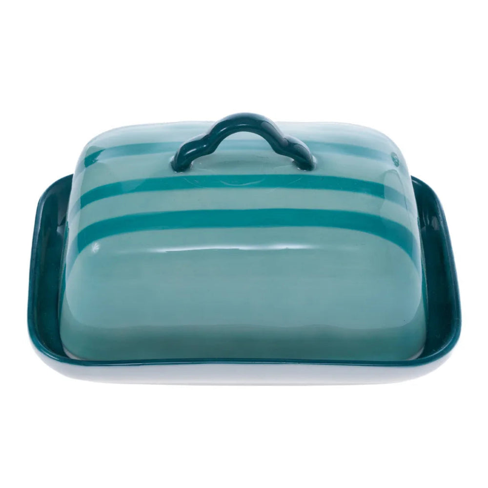 Teal and blue butter dish with lid on a white background