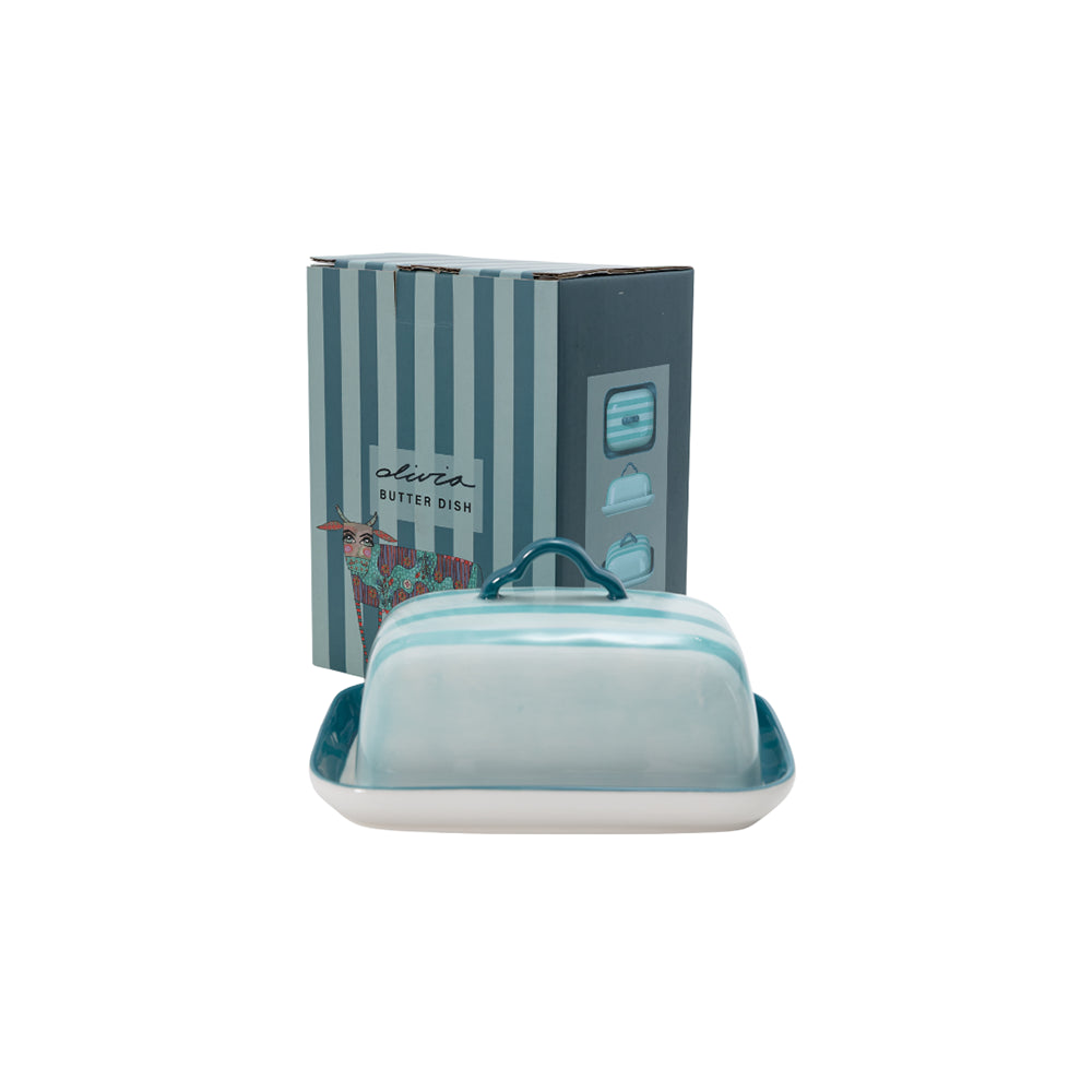 Blue ceramic butter dish with matching lid and packaging on a white background