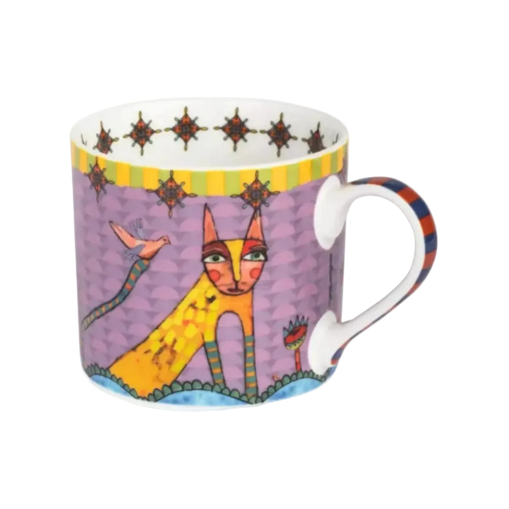 Colorful mug with a cat design on a white background