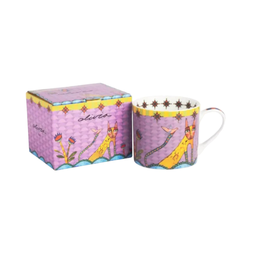 Colorful mug with cat design in a matching box on a white background