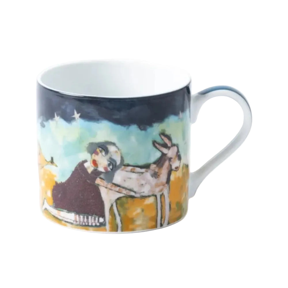 Mug with artistic design of a woman and donkey on a white background