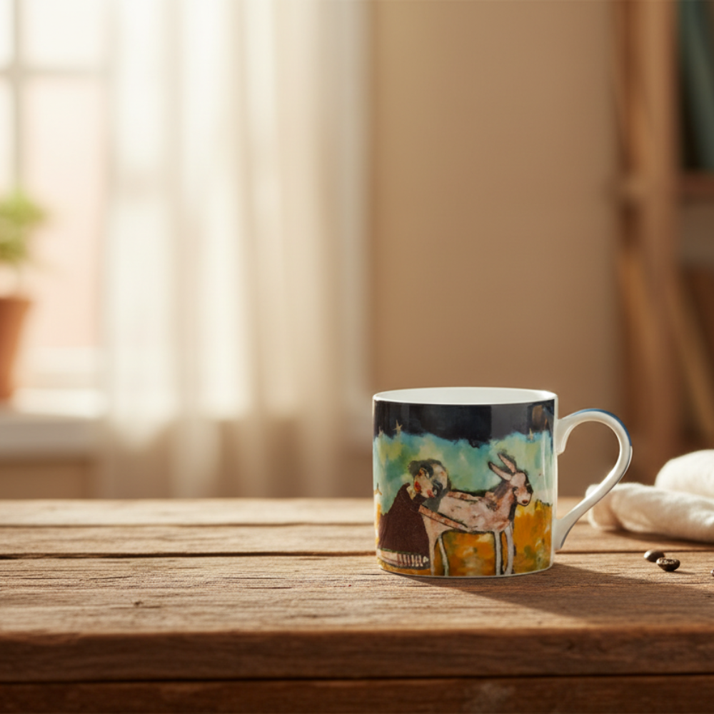 Two mugs on a wooden table with steam rising from one of them, in a warm indoor setting.