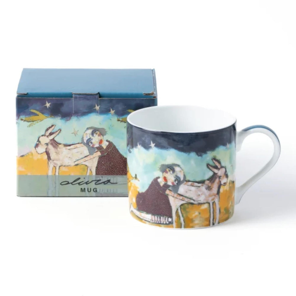 Mug with artistic design and matching box on a white background