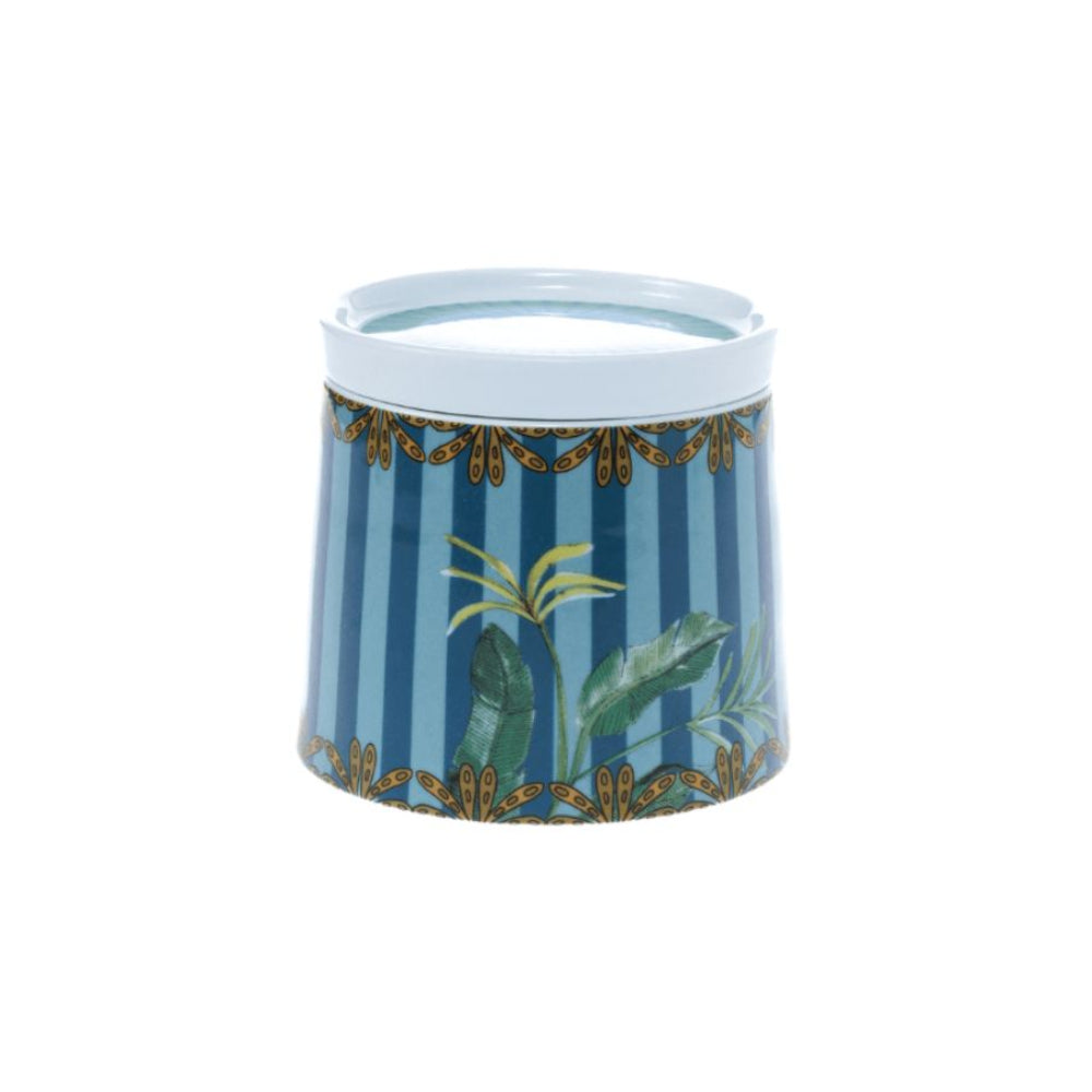 Decorative cylindrical container with blue and green striped design on a white background
