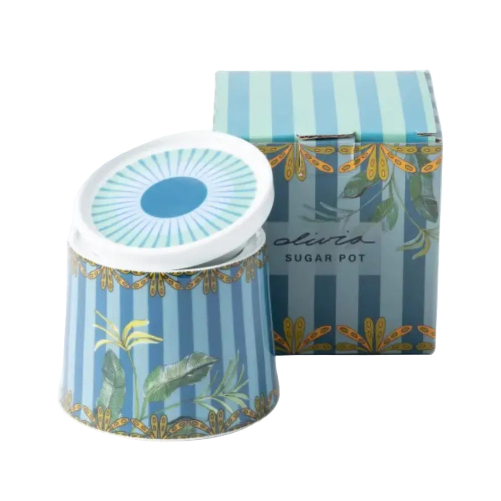 Decorative sugar pot with matching packaging on a white background