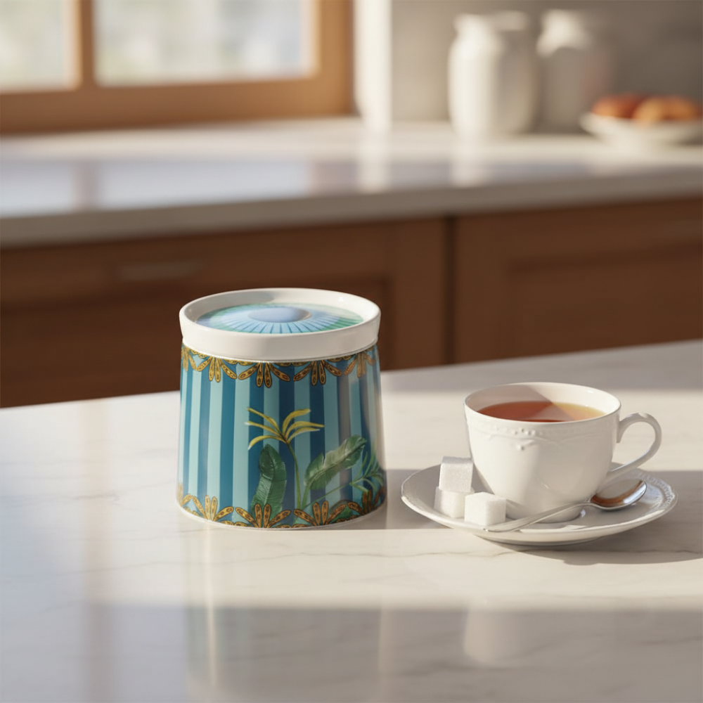 Sugar canister with decorative design next to a cup of tea on a kitchen counter.