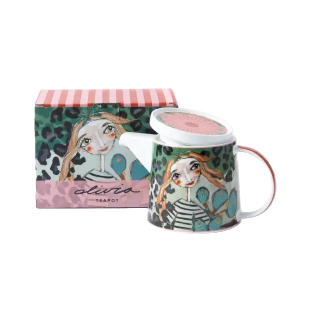 Colorful mug with artistic design and matching box on a white background