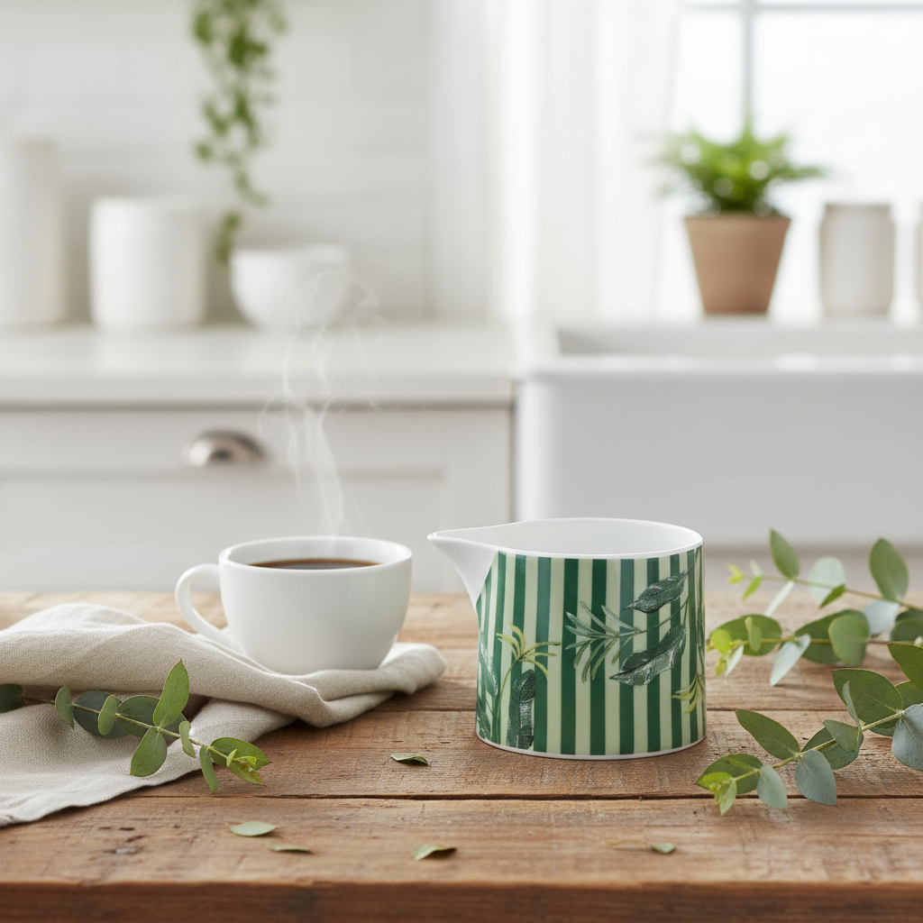 White mug with steaming coffee and a green striped creamer on a wooden table in a kitchen.