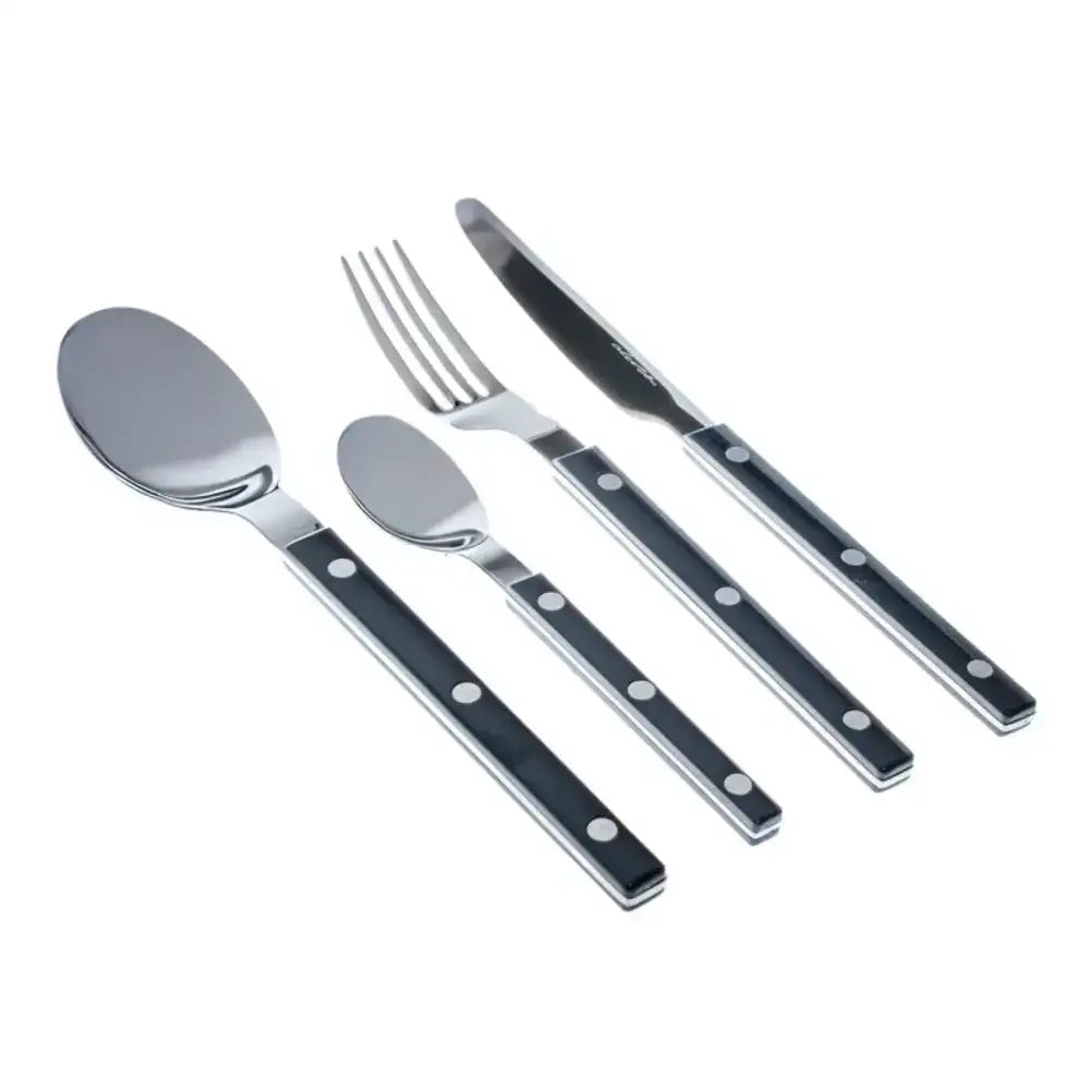 Set of silver cutlery with black handles on a white background