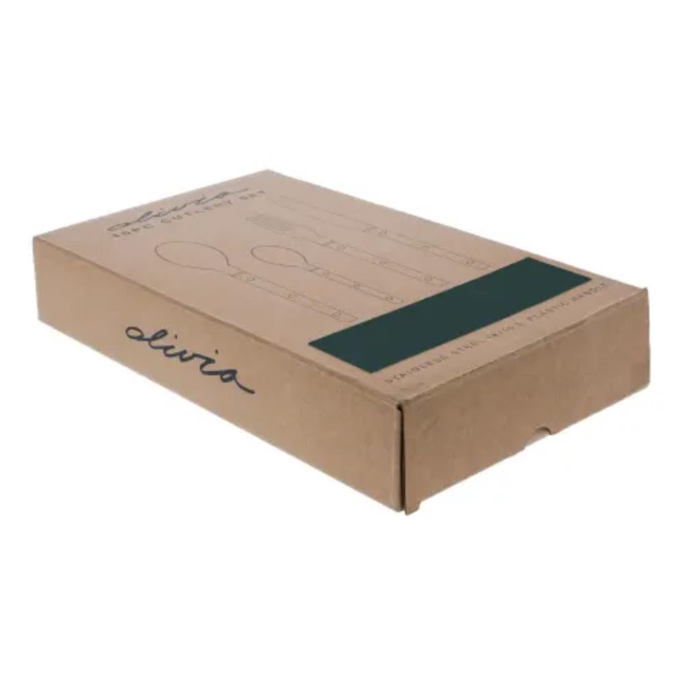 Cardboard box with a green strip and 'olivio' branding on a white background
