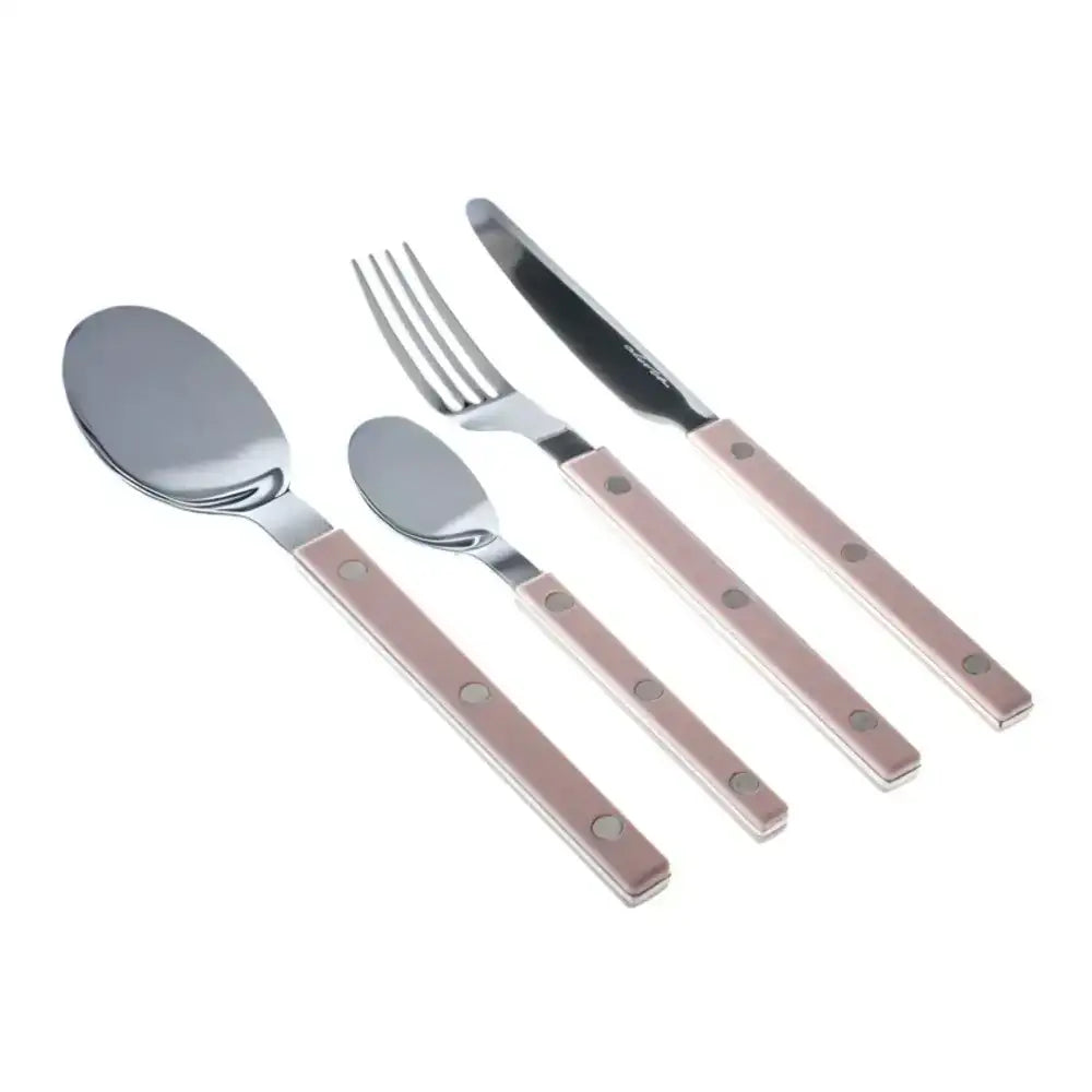 Set of silverware with rose gold handles on a white background