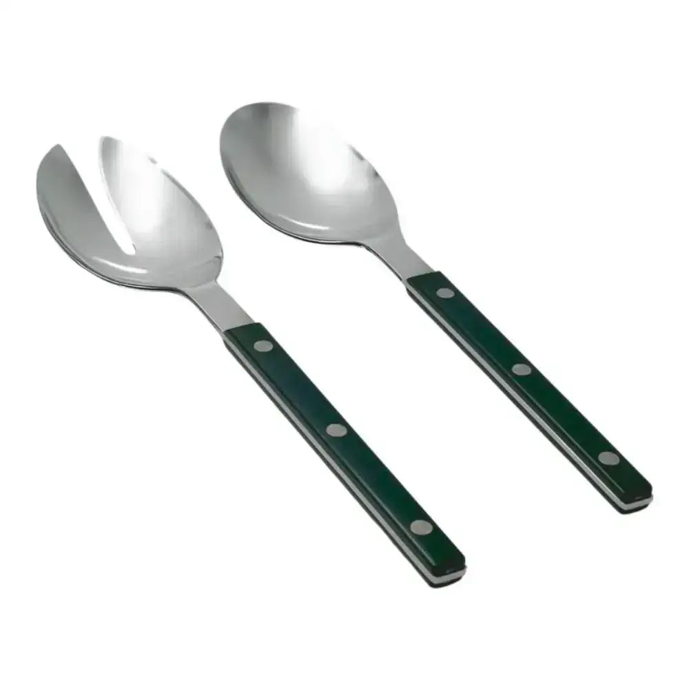 Salad Server Set with green handles on a white background