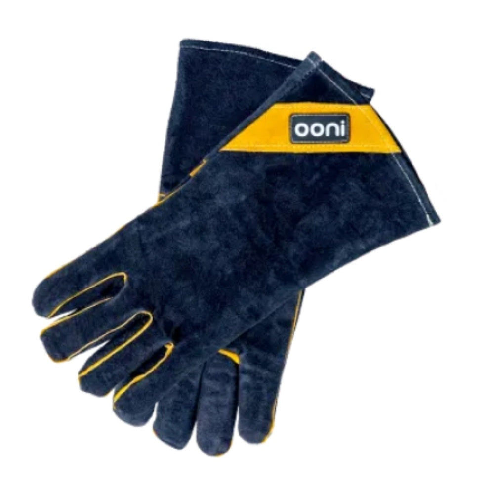 Pair of dark blue gloves with yellow accents on a white background