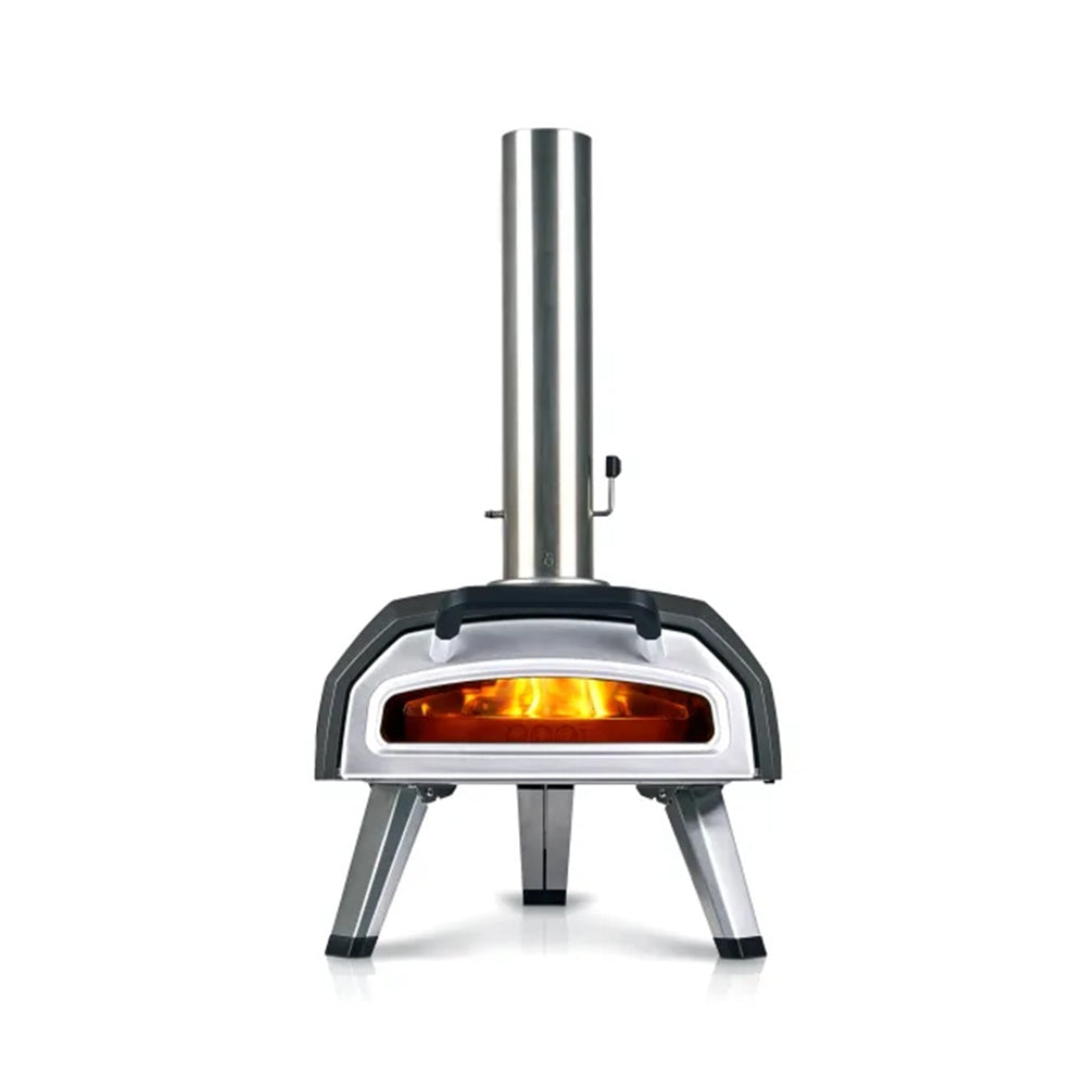 Portable outdoor pizza oven with glowing interior on a white background