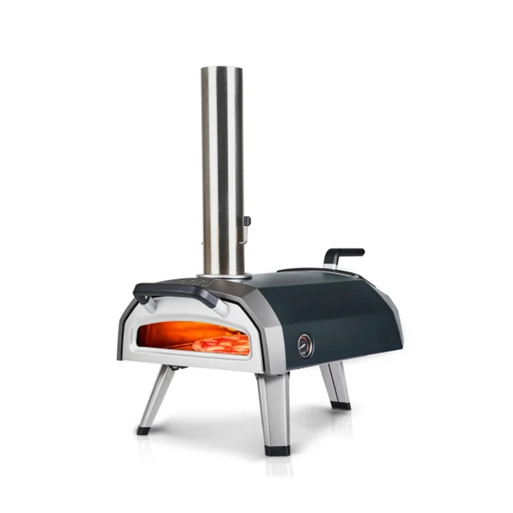 Portable outdoor pizza oven with visible heating element on a white background