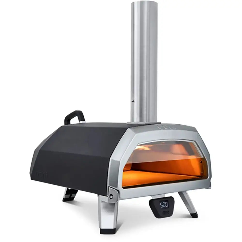 Portable outdoor pizza oven with a glass door showing glowing interior on a white background