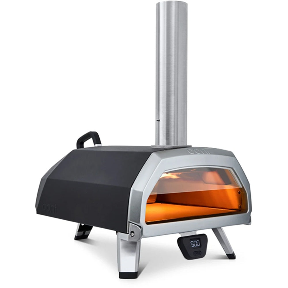 Portable outdoor pizza oven with a glass door showing glowing interior on a white background