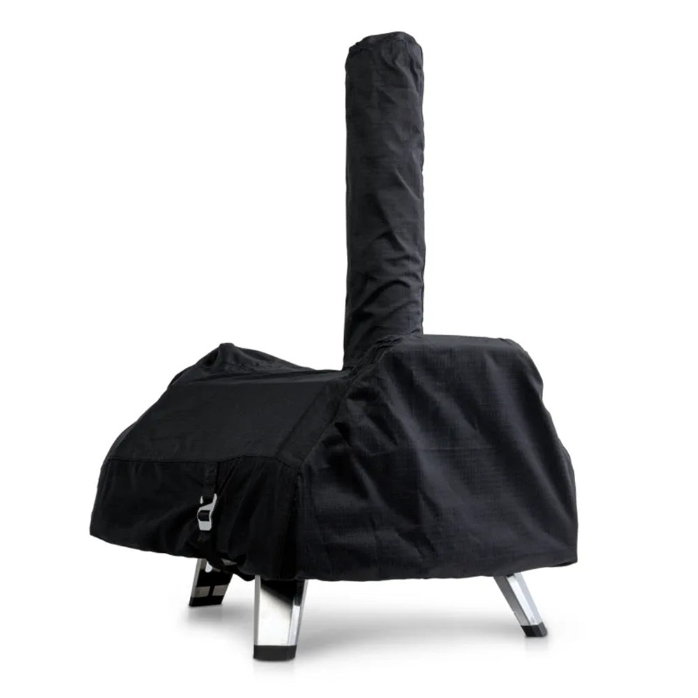 Black grill cover on a grill against a white background