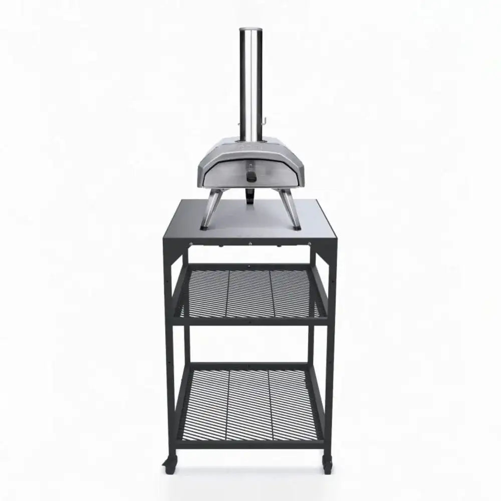 Portable pizza oven on a stand with shelves against a white background