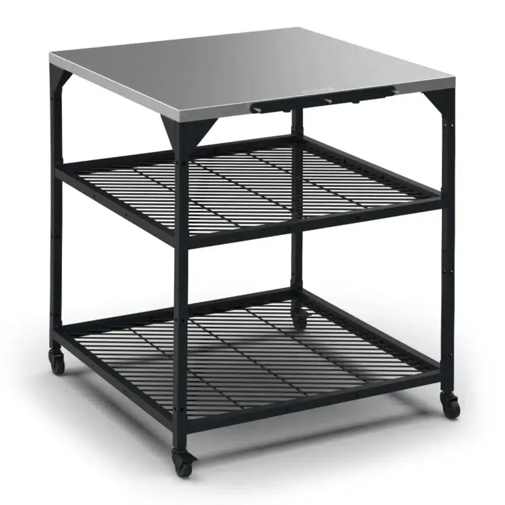 Metal rolling cart with a flat top and wire shelves on a white background