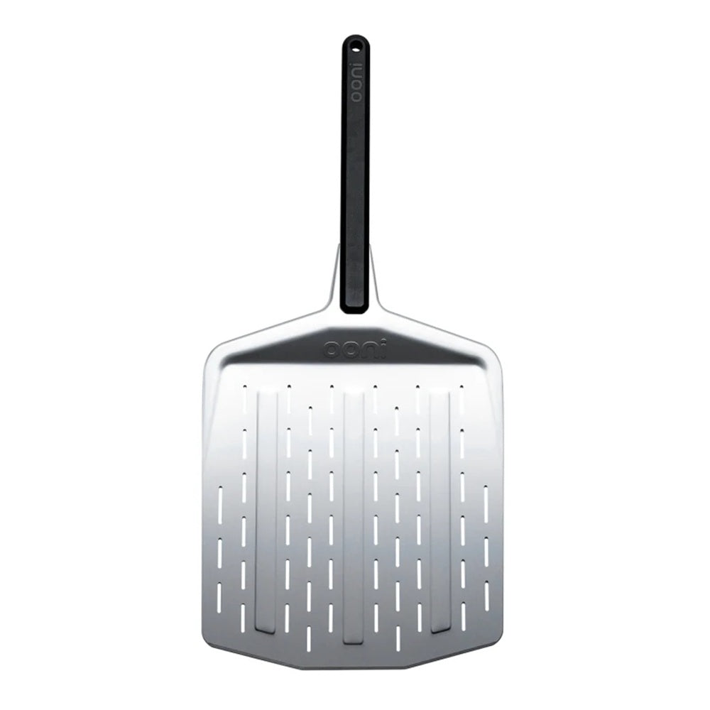 Metal pizza peel with a black handle on a white background