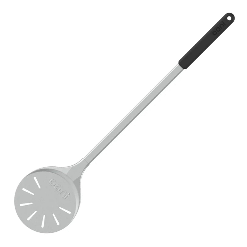 Long-handled pizza turning peel with black handle on a white background