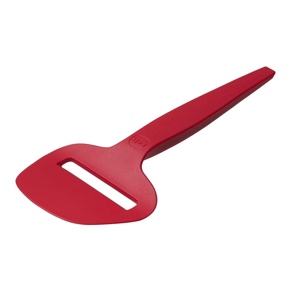 Red plastic cheese slicer on a white background