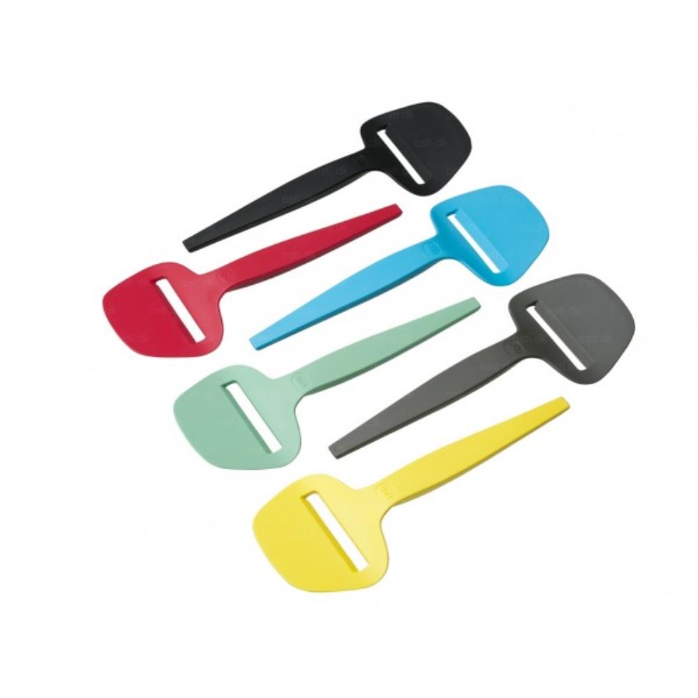 Set of colorful plastic cheese slicers on a white background