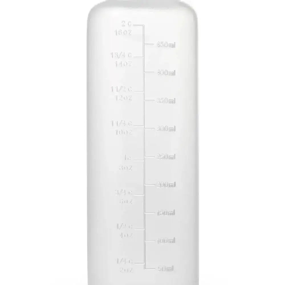 White plastic bottle with measurement markings on a white background