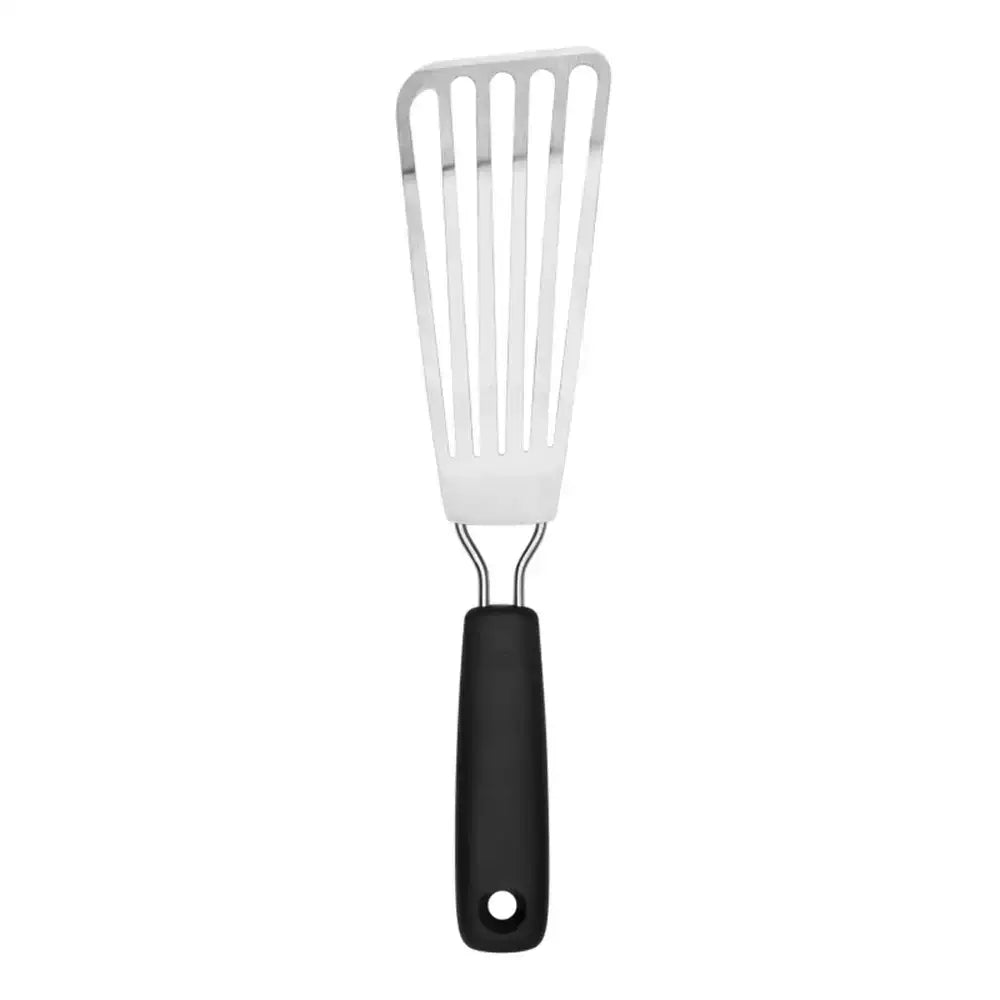 Spatula with black handle on a white background