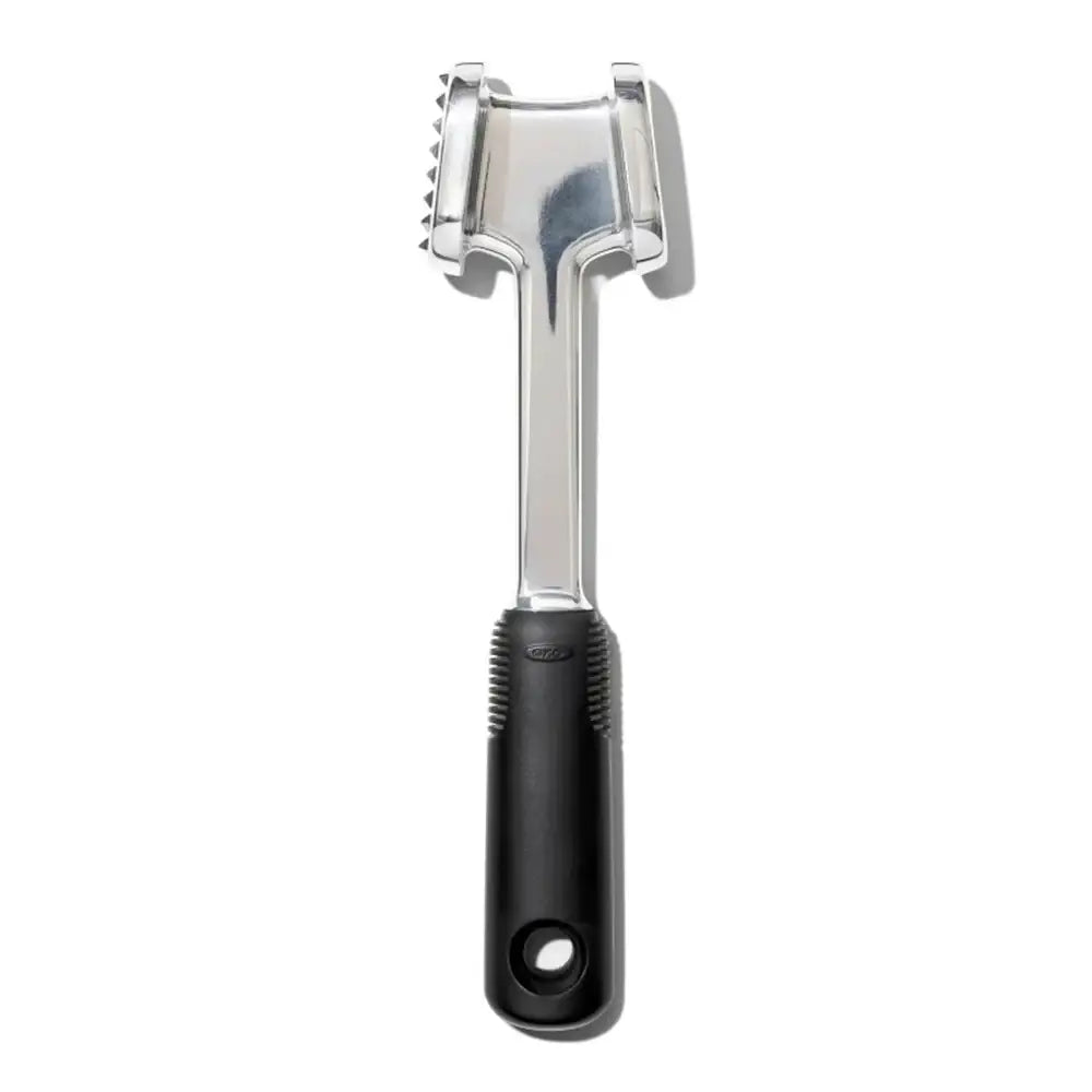 Metallic kitchen tool with a black handle on a white background