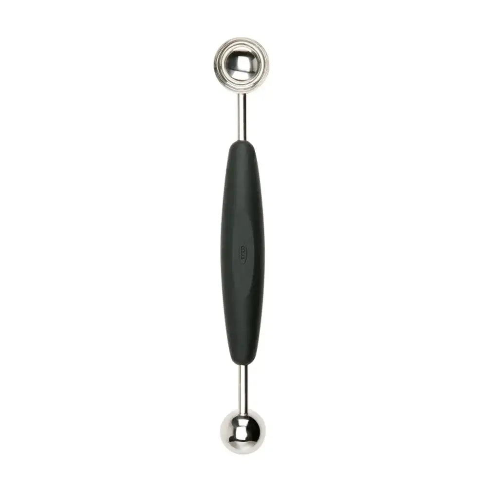 Two-toned kitchen tool with black handle and silver ends on a white background