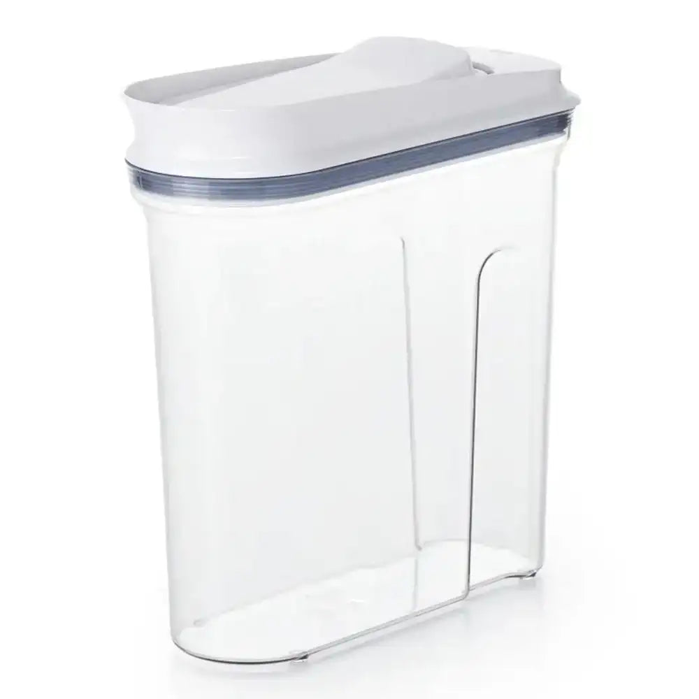 Clear storage container with a white lid on a white background
