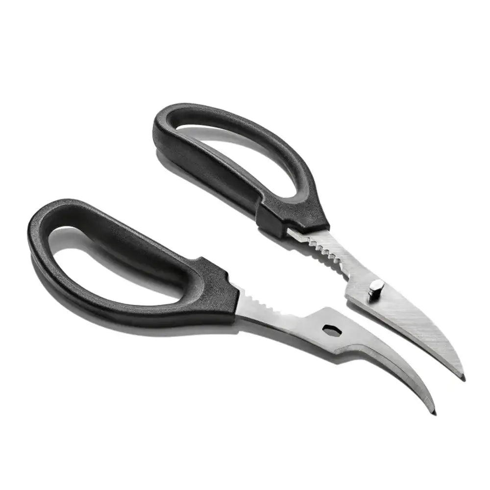 Pair of kitchen shears with black handles on a white background