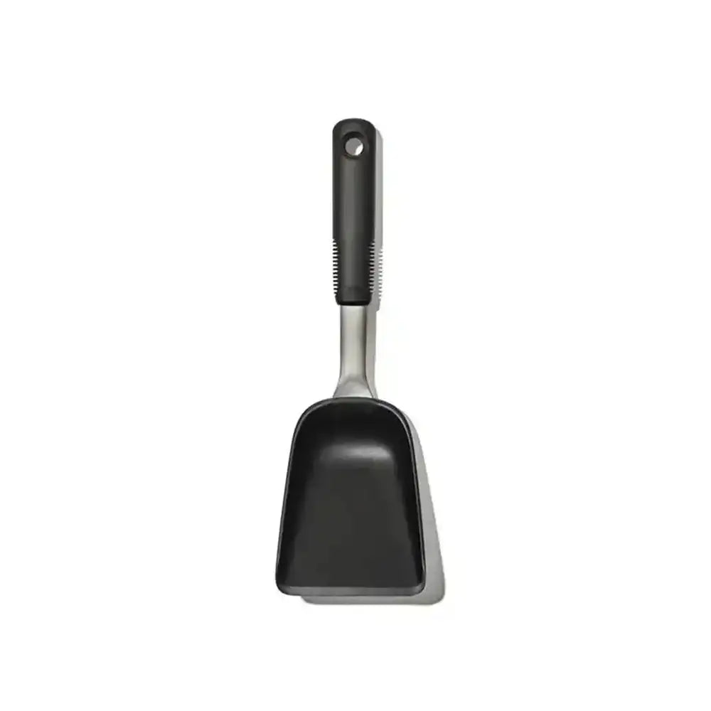 Black scoop with a handle on a white background