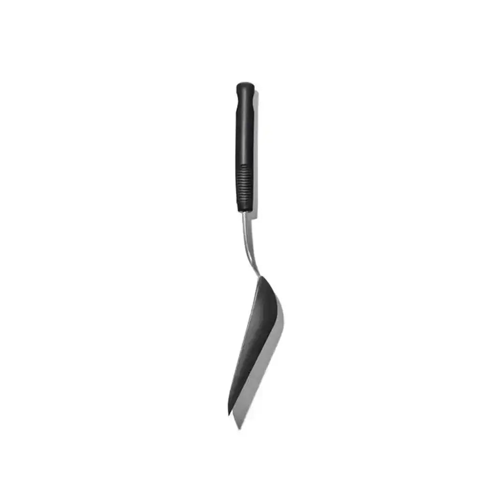 Black kitchen utensil with a textured handle on a white background
