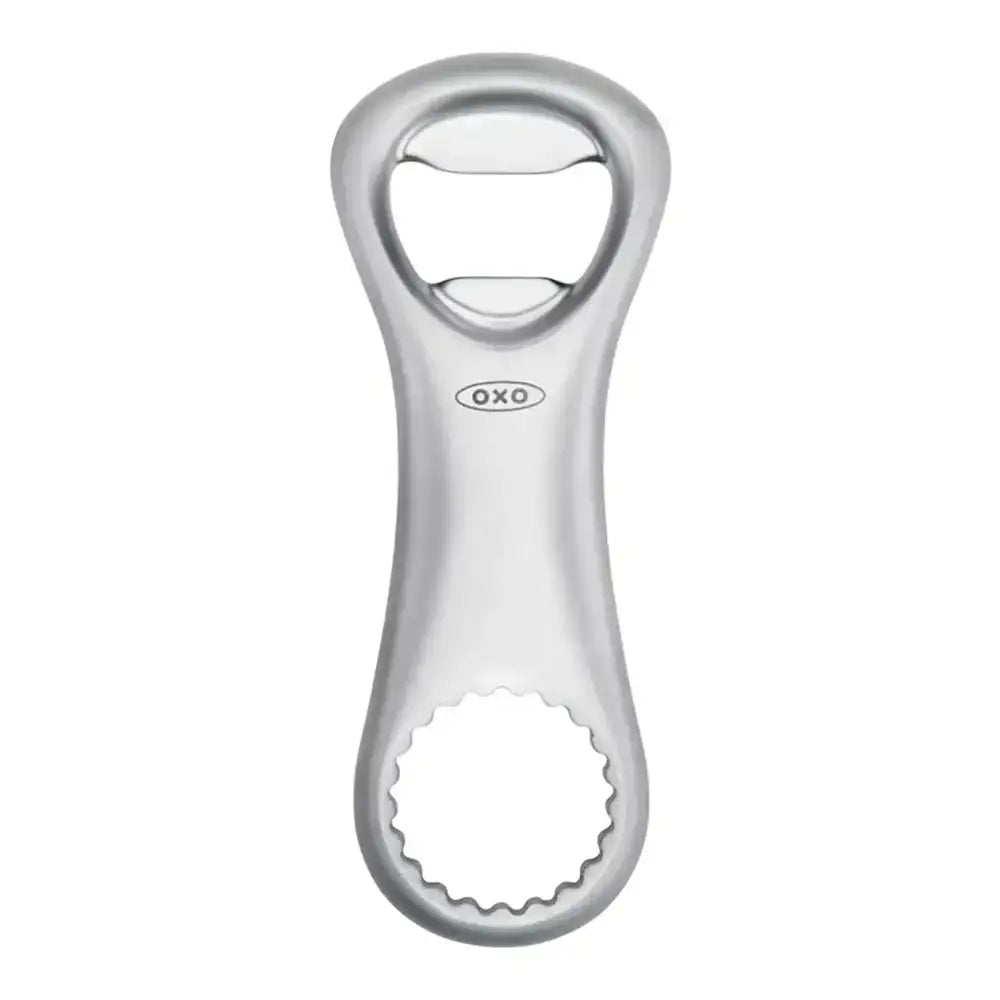 Silver bottle opener with OXO logo on a white background