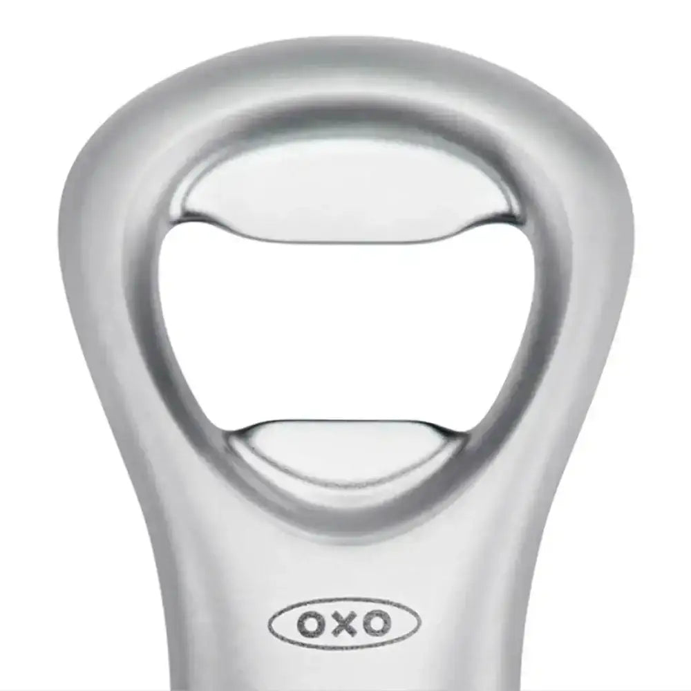 Silver bottle opener with OXO logo on a white background