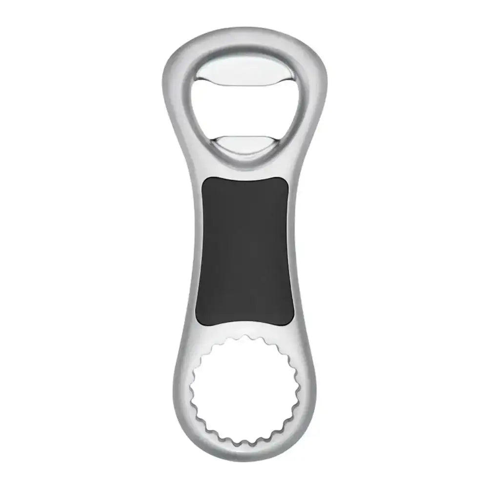 Silver bottle opener with black accent on a white background