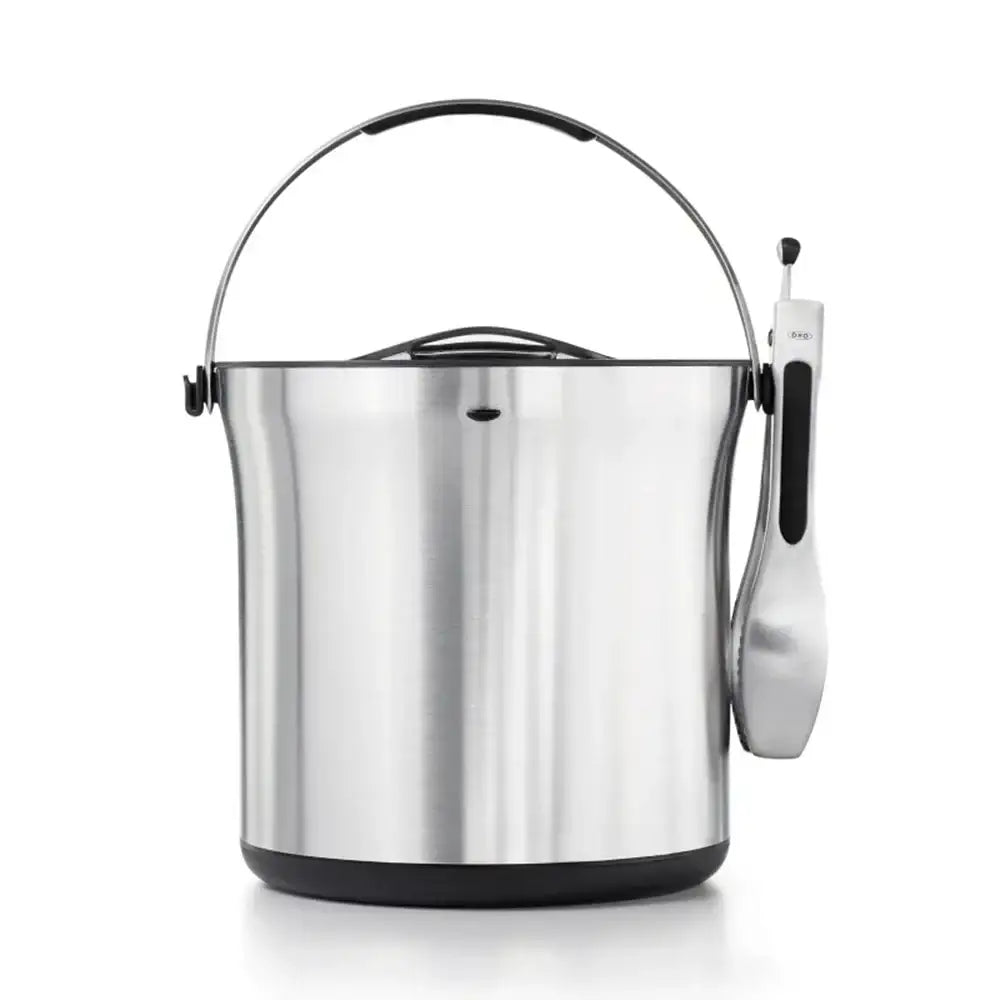 Stainless steel ice bucket on a white background