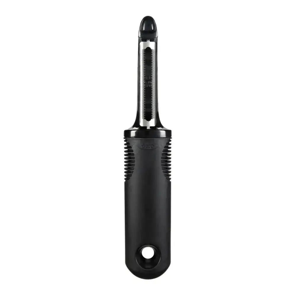 Black vegetable peeler with metallic blade on a white background
