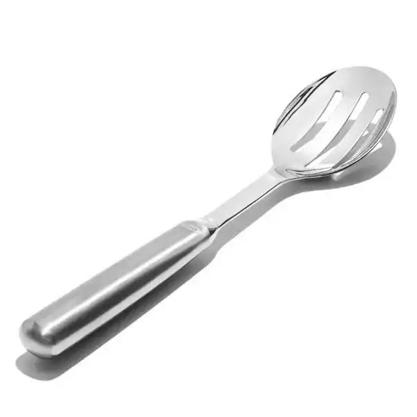 Oxo stainless steel slotted serving spoon with sleek polished finish and ergonomic handle for easy serving