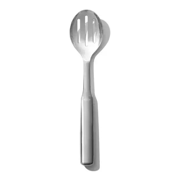 Oxo stainless steel slotted serving spoon with sleek modern design and three parallel slots in the bowl