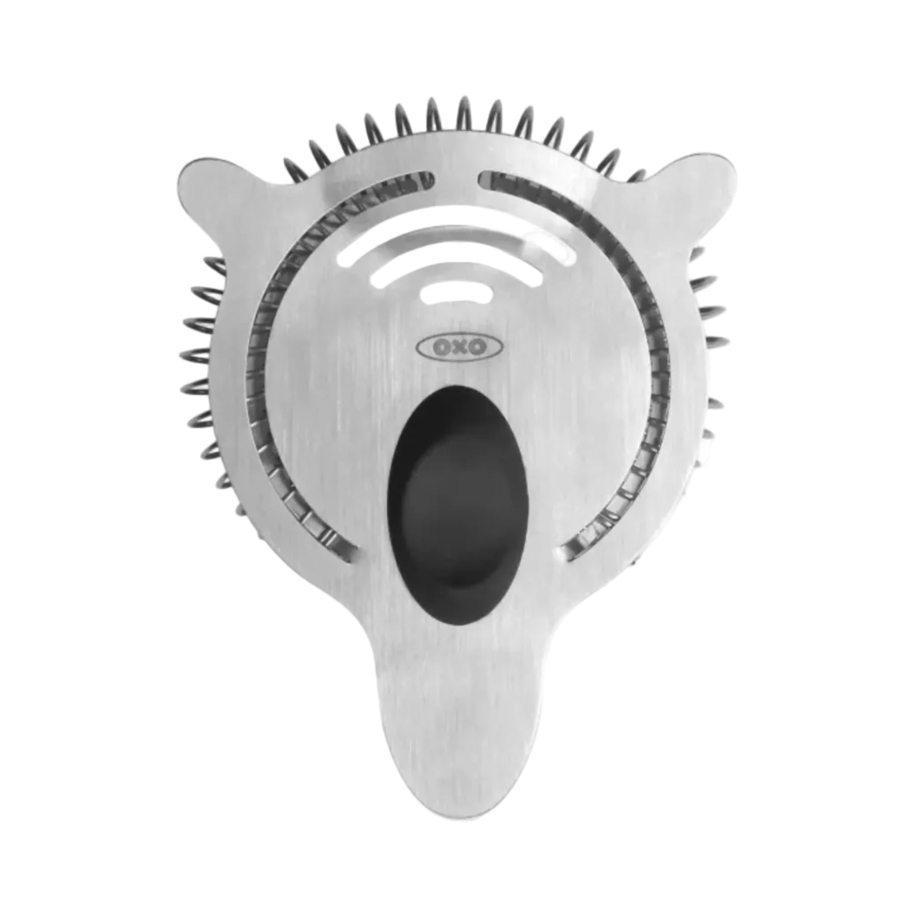 Metallic cocktail strainer with spiky edges on a white background